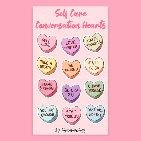 Self Care Conversation Heart Stickers • Hand Drawn Candy • Valentine's Day • Cute Collectibles • Aesthetic • Scrapbooking Gift • Matte