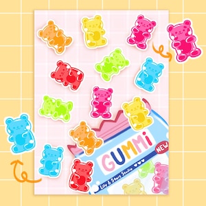 Feuille d'autocollants en gélatine • Dessinés à la main • Design kawaii • Autocollants alimentaires mignons • Esthétiques • Cadeau pour scrapbooking • Bonbons arc-en-ciel • Papier glacé