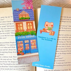 Marque-page Ours Bookshop • Cadeau mignon pour les amoureux des livres • Cadeau Kawaii • Design esthétique • Recto-verso • 2 x 15 cm