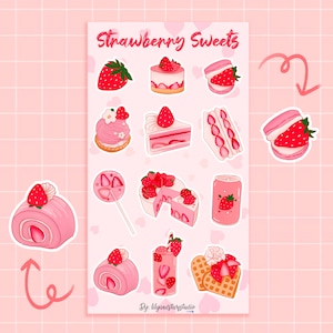 Feuille d'autocollants aux fraises • Gâteau esthétique kawaii • Desserts mignons • Autocollants roses pour agenda • Nourriture dessinée à la main • Cadeau de papeterie • Ichigo