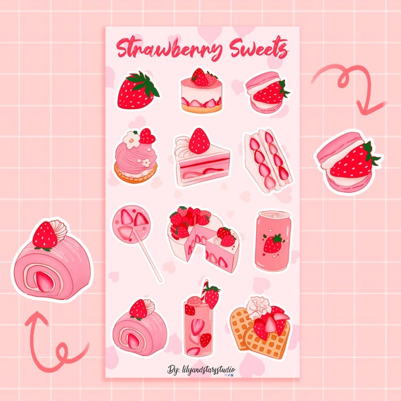 Strawberry Sticker Sheet, Kawaii Glossy Planner Stickers, Journal Stickers  