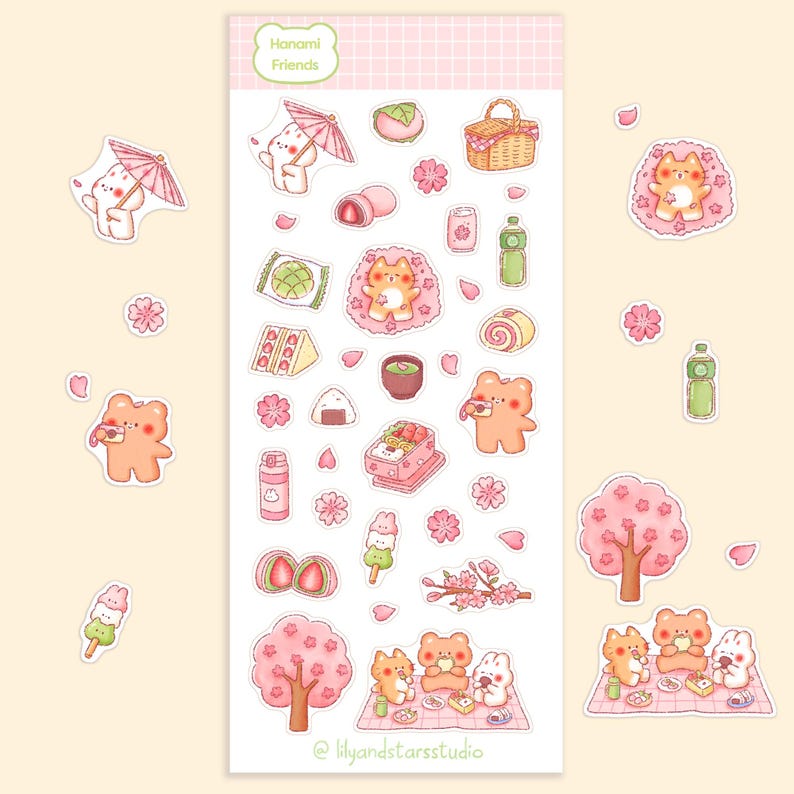 Hanami Friends Sticker Sheet • Kawaii Cherry Blossom Picnic Matte ...