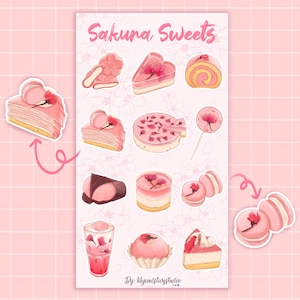 Feuille d'autocollants Sakura • Gâteau esthétique kawaii • Desserts mignons • Autocollants roses pour agenda • Nourriture dessinée à la main • Fleurs de cerisier • Papier glacé