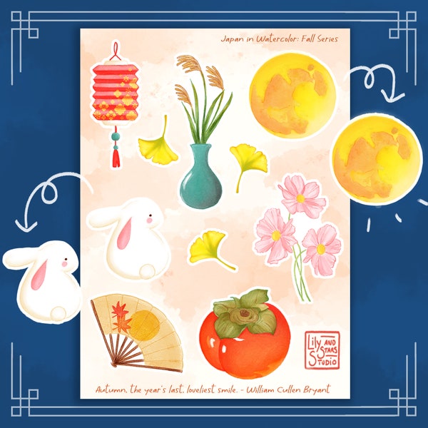 Japan in Fall Small Sticker Sheet • Mid Autumn Moon Festival • Aesthetic Planner Stickers • Hand Drawn  • Kawaii Stationery • Matte