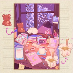 Feuille d'autocollants pour étude hivernale • Esthétique Lofi • Autocollants roses pour agenda • Dessins colorés à la main • Papeterie kawaii • Anime japonais des années 90 • Mat