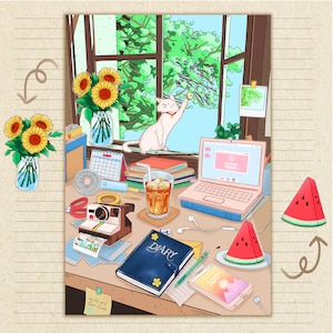 Feuille d'autocollants d'étude d'été • Esthétique Lofi • Autocollants arc-en-ciel • Dessinés à la main • Papeterie Kawaii • Coloré • Anime des années 90 • Mat