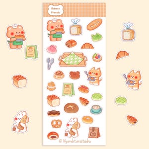 May include: A sheet of stickers featuring cute cartoon characters and various baked goods. The stickers include bears, cats, and bunnies holding bread, croissants, and other pastries. The color palette is soft and pastel, with a warm, inviting aesthetic.