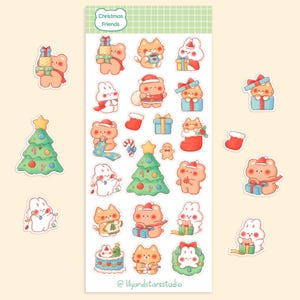 Feuille d'autocollants des amis de Noël • Dessinés à la main • Design kawaii • Autocollants mignons des fêtes de fin d'année • Esthétique confortable • Cadeau pour scrapbooking • Mat