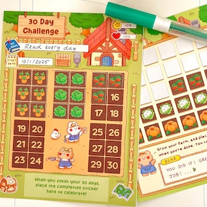 May include: A charming 30-day challenge tracker with a farm theme. The tracker features illustrations of vegetables, a house, and adorable animal characters. The text "Read every day" is written on the tracker, with a start date of 1/10/2025.