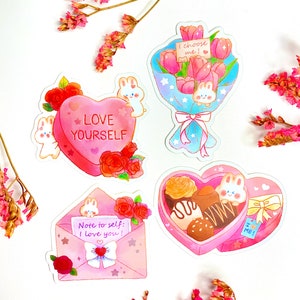 Autocollant lapin pour la Saint-Valentin • Autocollant imperméable • Holographique mat • Cadeau mignon • Autocollant pour bouteille d'eau • Autocollant découpé