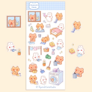 Feuille d'autocollants pour faire le ménage • Dessinés à la main • Design kawaii • Autocollants mignons tâches ménagères • Esthétique confortable • Cadeau pour scrapbooking • Mat