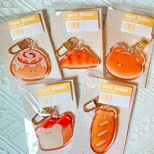 Bear Bread Keychain • Kawaii Acrylic Friendship Charm • Croissant • Baguette • Cinnamon Roll