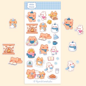 Feuille d'autocollants Amis de l'hiver • Dessinés à la main • Design kawaii • Autocollants mignons de saison froide • Esthétique confortable • Cadeau de scrapbooking • Mat