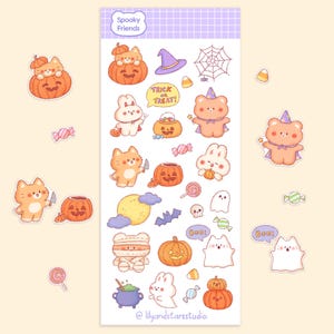 Feuille d'autocollants amis d'Halloween • Dessinés à la main • Design kawaii • Stickers chats effrayants mignons • Esthétiques • Cadeau pour scrapbooking • Mat