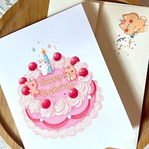 Carte de voeux joyeux anniversaire • Jolie carte de gâteau vintage • Cadeau Kawaii • Papeterie esthétique pour amis • Intérieur vierge • 4,25 x 5,5 pouces