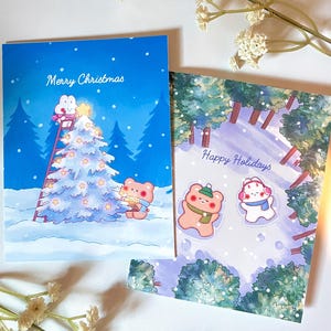 Carte de voeux de Noël avec un lapin et un ours • Carte de vœux d'hiver • Cadeau kawaii • Mignonne papeterie festive • Intérieur vierge • 4,25 x 5,5 po.