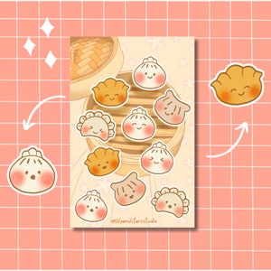 Feuille d'autocollants Petite boulette • Dessinés à la main • Design kawaii • Autocollants alimentaires mignons • Esthétiques • Cadeau pour scrapbooking • Dim Sum • Mat