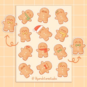Petite feuille d'autocollants pour biscuits en pain d'épice • Dessinés à la main • Design kawaii • Autocollants de nourriture mignon • Esthétique des fêtes • Cadeau pour scrapbooking • Mat