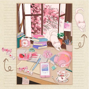 Feuille d'autocollants pour l'étude du printemps • Esthétique Lofi • Autocollants roses pour agenda • Dessinés à la main • Papeterie kawaii • Fleurs de cerisier • Anime des années 90 • Mat