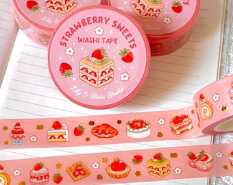 Strawberry Desserts Gold Foil Washi Tape: Kawaii Scrapbooking Tape (15mm x 10m)