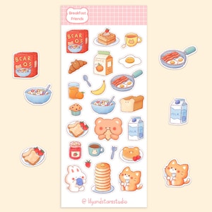 Feuille d'autocollants pour le petit-déjeuner • Dessins dessinés à la main • Design kawaii • Autocollants culinaires mignons • Esthétiques • Cadeau pour scrapbooking • Mat