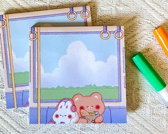 Train Ride Sticky Notes • Bear & Bunny Napping Memo Pad • Kawaii Stationery (3x3 in)