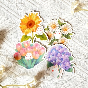 Sticker lapin fleur • Sticker imperméable • Holographique mat • Joli cadeau • Sticker bouteille d'eau • Sticker découpé