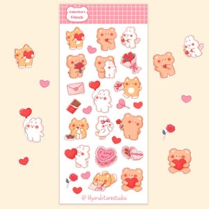 Feuille d'autocollants pour amis de la Saint-Valentin • Dessinés à la main • Design kawaii • Stickers coeurs mignons • Esthétique confortable • Cadeau pour scrapbooking • Mat