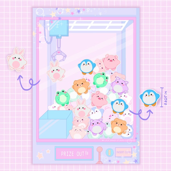 Claw Machine Sticker Sheet • Hand Drawn • Kawaii Small Animals • Glossy Stickers • Cute Collectibles • Pastel Aesthetic • Scrapbooking Gift