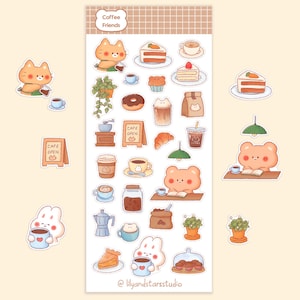 Feuille d'autocollants Coffee Friends • Dessinés à la main • Design kawaii • Stickers café chat mignon • Esthétique cosy • Cadeau scrapbooking • Mat