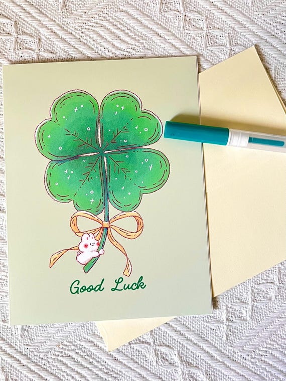 Good Luck Card • Kawaii Four Leaf Clover Bunny • Greeting Card for Friend (4.25x5.5 in)
