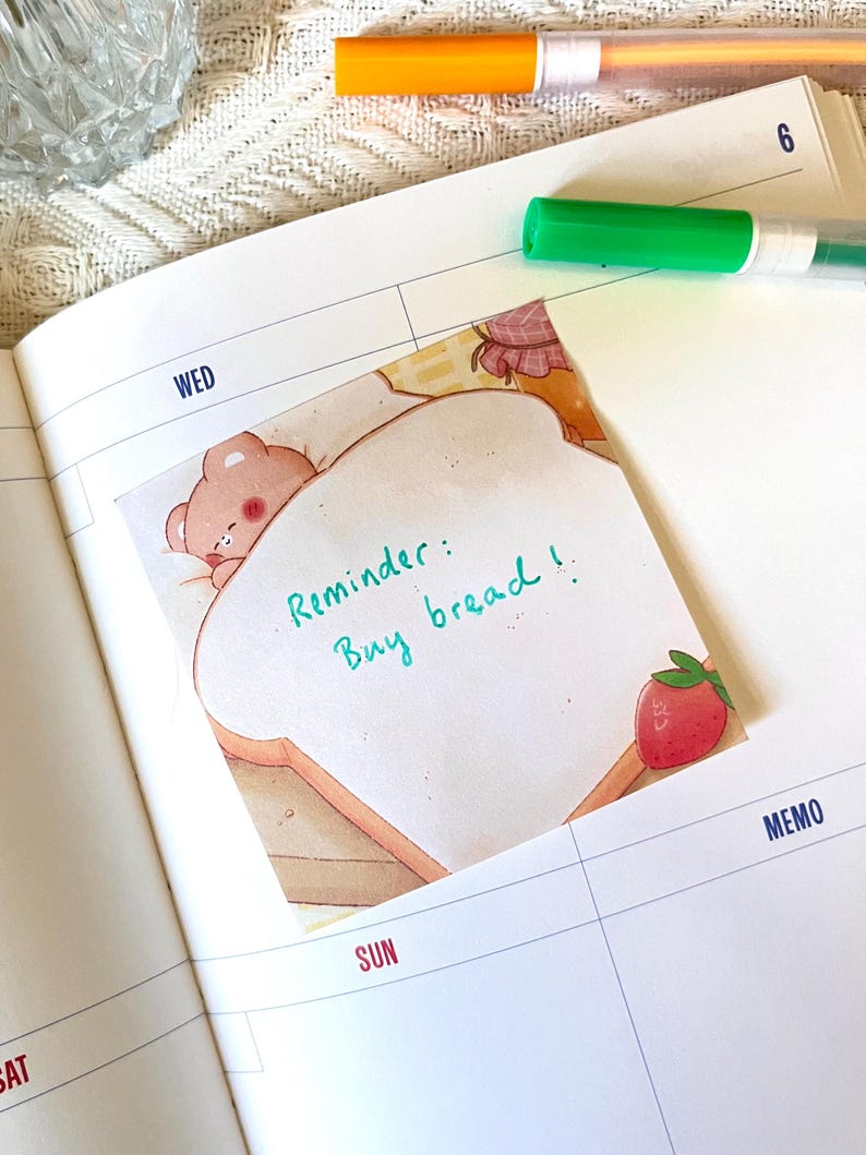 Bear Napping Bread Sticky Note • Kawaii Memo Pad (3x3 In) - Etsy