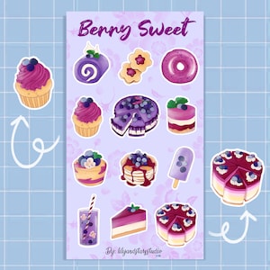 Feuille d'autocollants bleuets • Gâteau esthétique kawaii • Desserts mignons • Stickers petits fruits • Nourriture dessinée à la main • Cadeau de papeterie • Mignon