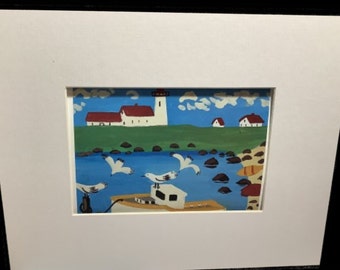 Maud Lewis Folk Art, Collectible, 3 Gulls Harbor Scene, One matted card from Folk Art Card (1), Artists, Cat Art