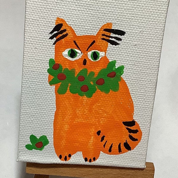 Mini Original Acrylic Painting, Pretty Orange Wide Eyed cats, On Canvas, One of a Kind, Signed Folk Art, Unique