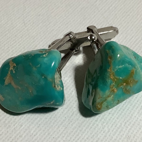 Vintage Mod Turquoise Nugget Cufflinks, Beautiful veined Turquoise, Gift for Men