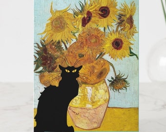 12 Sunflowers and a Black Cat, Vincent Van Gogh, Fine Art Parody Greeting Card & Envelope, Artsy, Artists, Teachers, Every Day cards