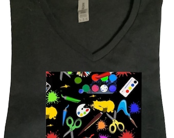 Art Supplies, Black V Neck XL Shirt,(1) and Stickers,Artists, Teachers, Collectors, Art Lover, Women