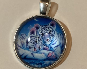 White Tiger Cubs Domed Pendant Chain Necklace & Stickers, Gift