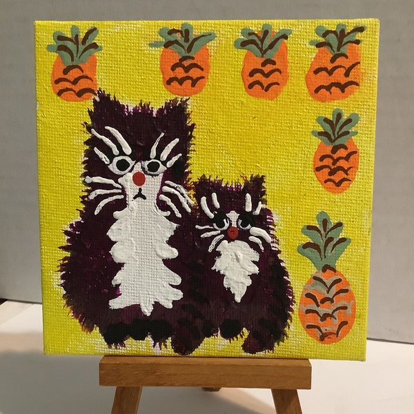 Hand Painted Acrylic Painting, 2 Tuxedo Cats with Pineapples, Original, One of a Kind, Miniature Art work, Signed Folk Art, Unusual