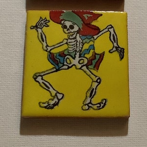 Day of the Dead Mexican Talavera Tiles 2&quot; X 2&quot;, Folk Art Dia de los Muertos Tiny Tiles, Jolly Dancer