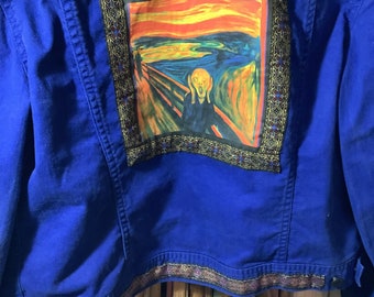 Upscale Blue Jean Jacket, L, The Scream Parody, Recycled Folk Art Clothing, Gorgeous Gift for Women