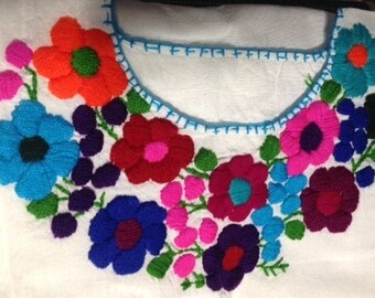 Mexican Embroidered  Peasant Blouse,L,Embroidered Flowers, Gift for Woman, Big Bold Colorful Flowers, Hand crafted, Mexicana, Latina