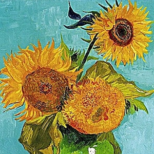 May include: An oil painting featuring three vibrant yellow sunflowers with textured brown centers and green leaves. The flowers are arranged against a solid, bright turquoise blue background, showcasing thick, visible brushstrokes throughout.