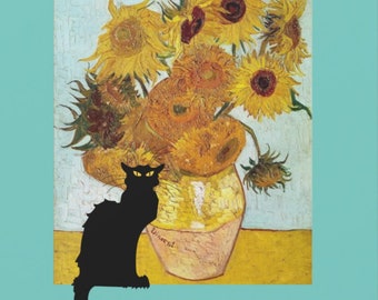 Van Gogh Sunflowers and Le Chat Noir Fabric Square, Swatch, Famous Paintings, Cotton, Gift for Artist, Crafter, slow sewing, quilts, patch