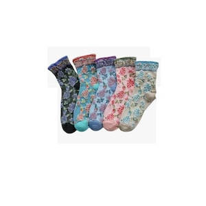 Floral Art Socks with Cuffs: Cotton Blend Crew Socks - Women&#39;s Size 5-9