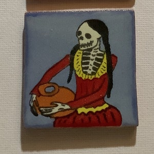 Day of the Dead Mexican Talavera Tiles 2&quot; X 2&quot;, Folk Art Dia de los Muertos Tiny Tiles, Water Seller