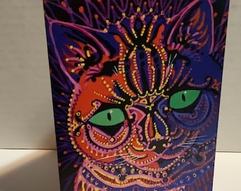 Chat psychédélique aux yeux verts, œuvre vintage de Louis Wain