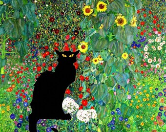 Klimt’s Garden and Le Chat Noir Fabric Square, Swatch, Famous Paintings, Cotton, Gift for Artist, Crafter, slow sewing, quilts, patch