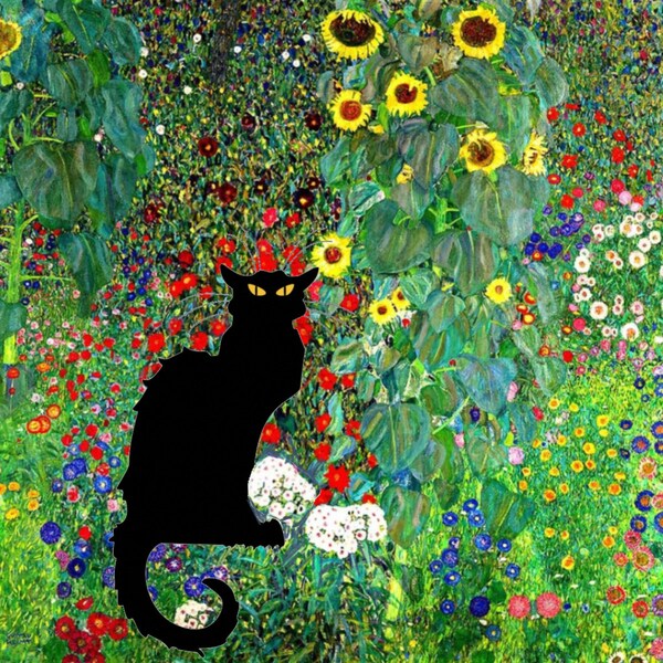 Klimt’s Garden and Le Chat Noir Fabric Square, Swatch, Famous Paintings, Cotton, Gift for Artist, Crafter, slow sewing, quilts, patch